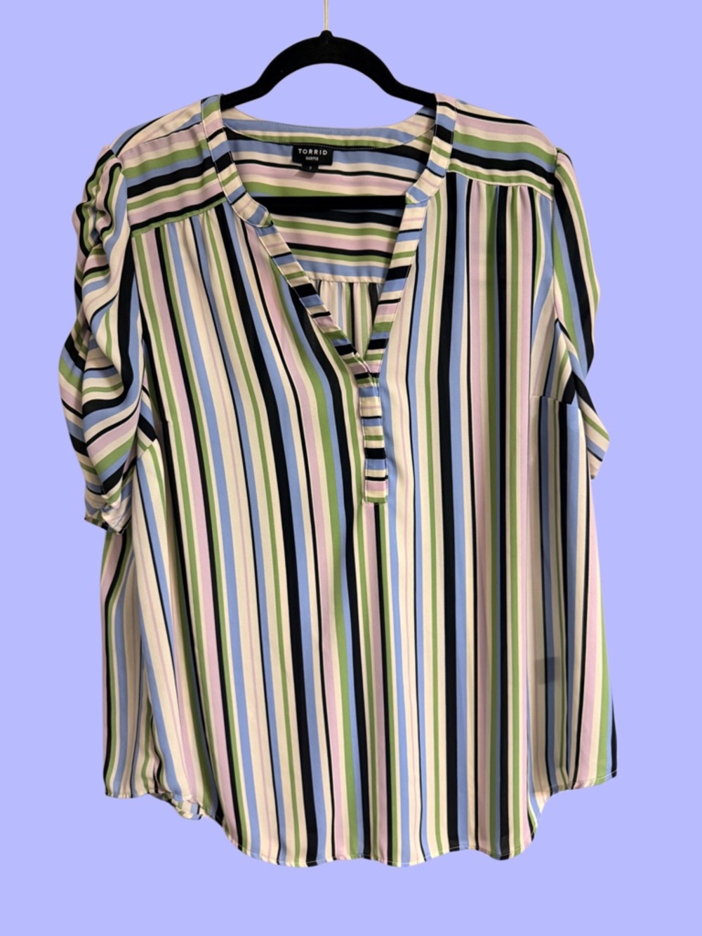Torrid Harper Striped V-Neck Blouse in Green, Blue, Pink, Black & Cream